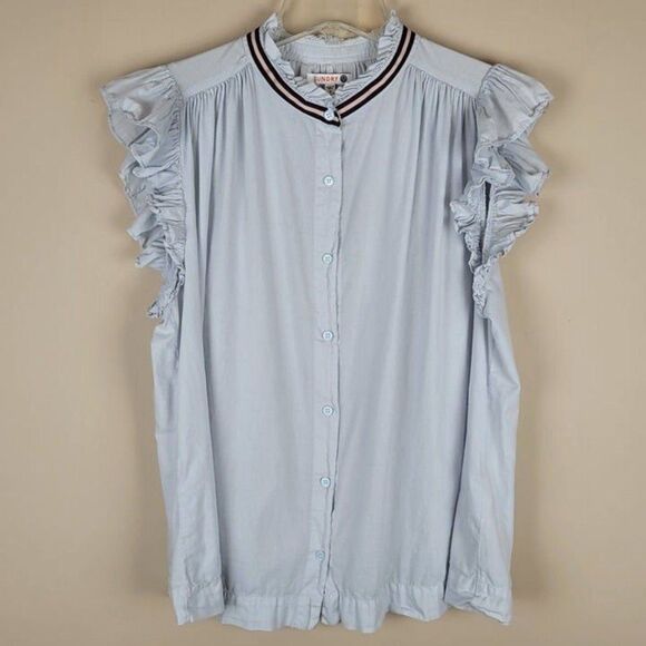 Sundry Size M Flutter Sleeve Button Top Rain Light Blue Short Sleeve - Picture 3 of 12